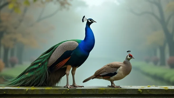 Peacock Displaying Feathers Beside Peahen