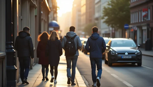 Pedestrians Walking Along Sidewalk Near Street