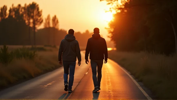 Pedestrians Walking on Narrow Country Road at Dusk