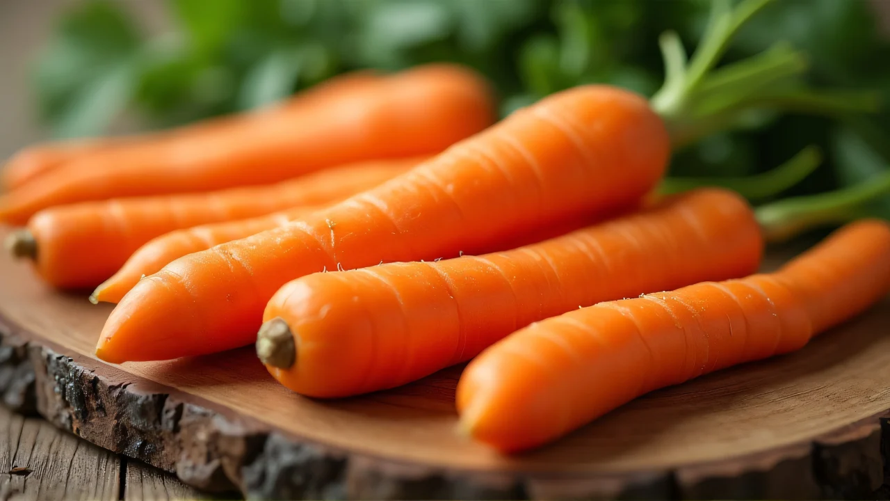 Close-up of peeled carrots arranged on a wooden board.