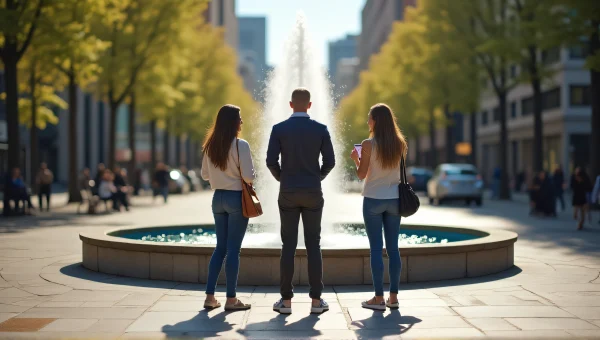 People By Fountain In Urban Plaza Midday