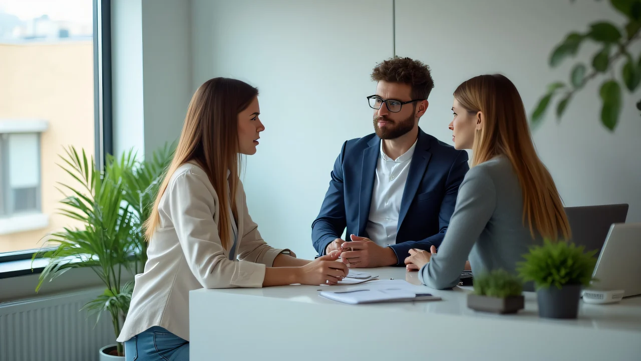 Three people engaging in conversation near a white office counter with plants and a laptop.