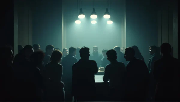 People Gathered in Dimly Lit Room Around Table