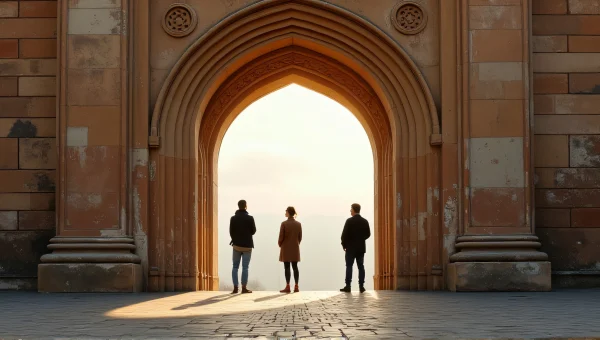 People Standing By Weathered Arched Gate in Morning Light
