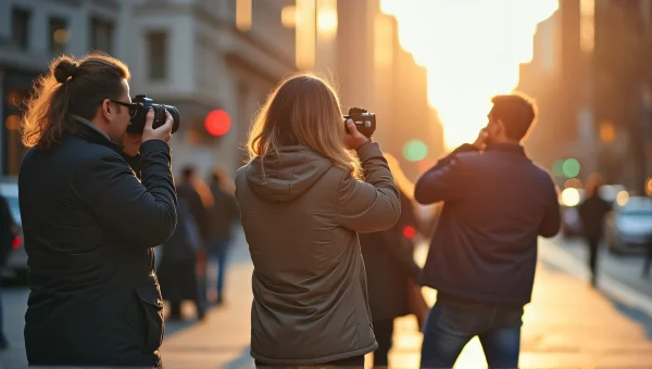 People Taking Pictures on Sunlit Sidewalk
