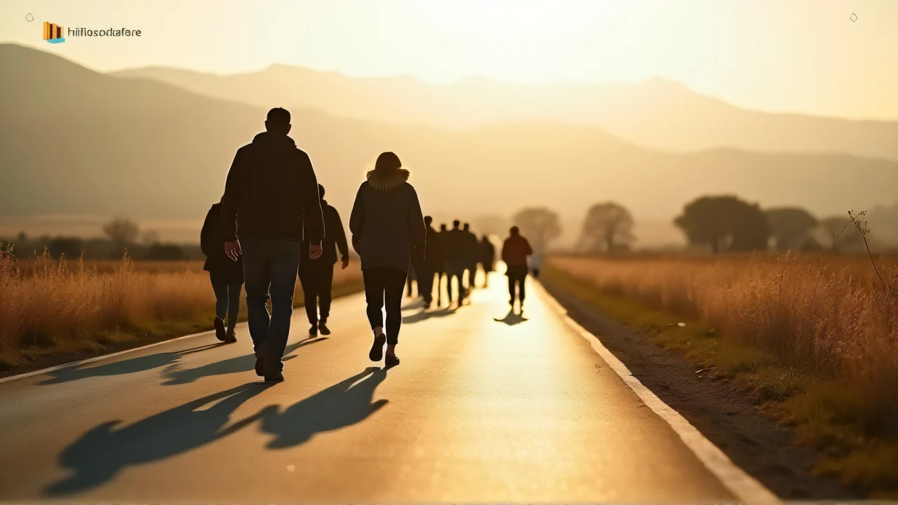 Group of individuals walking down a paved road in a scenic rural setting.