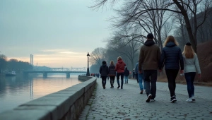 People Walking Along Riverbank at Dusk