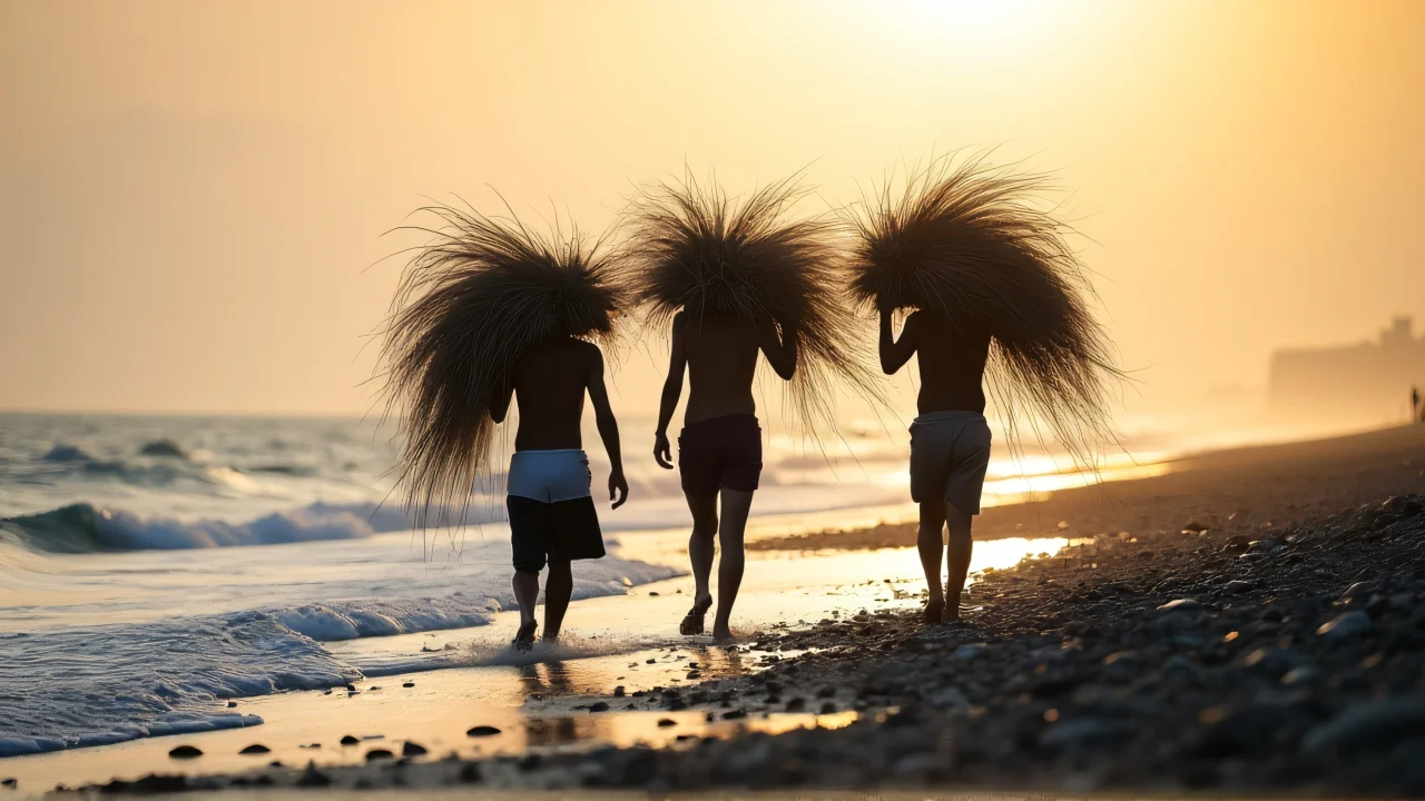 Three individuals carry fishing nets along a rocky shoreline at low tide, illuminated by the setting sun.