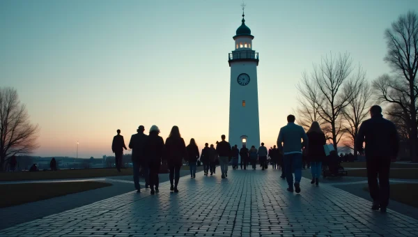 People Walking Near White Grey Tower At Dusk