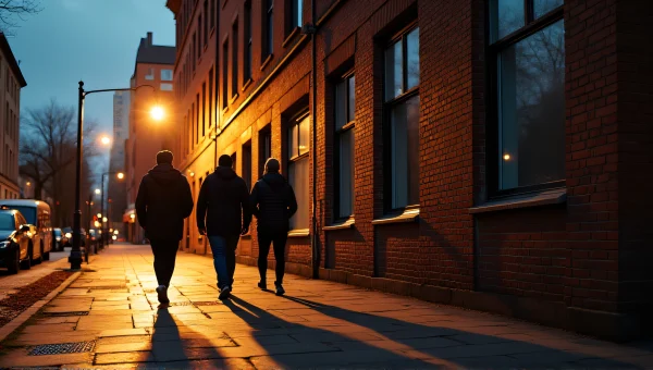 People Walking Urban Street At Dusk Long Shadows