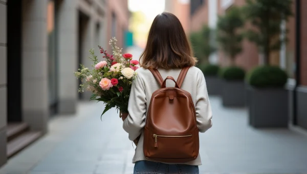 Person with Backpack Holding Flowers Urban Scene