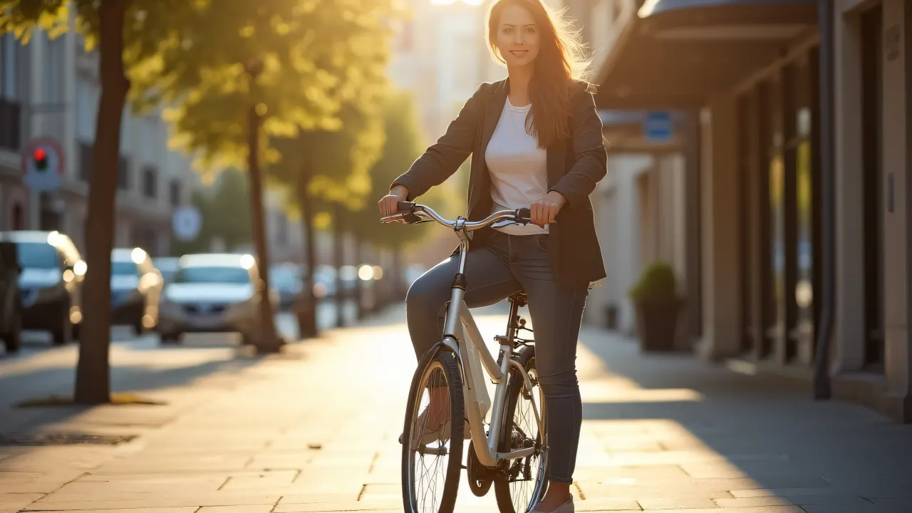 A person stands beside a bicycle on a sunlit city sidewalk with a blurred background.