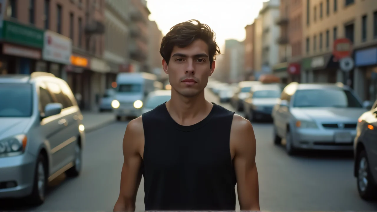 A person in a black sleeveless shirt stands near parked cars in an urban setting during evening light.