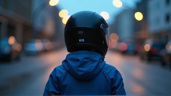 Person in Blue Jacket with Motorcycle Helmet at Dusk
