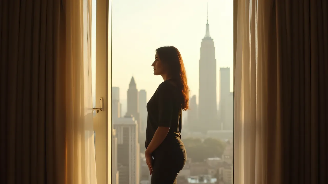 A person stands beside a tall window, bathed in soft morning light with a city skyline view.