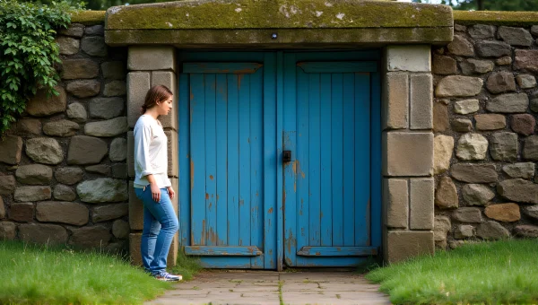 Person By Weathered Blue Door In Nature