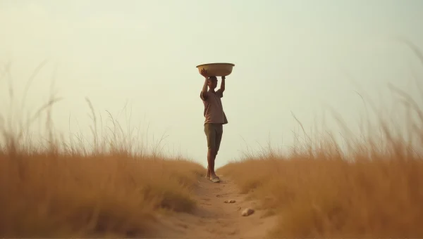 Person Carrying Basin Across Dry Field