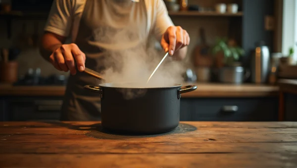 Person Cooking Stew with Ladle in Rustic Kitchen