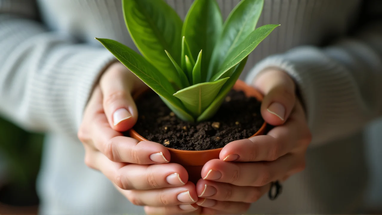 Close-up of hands cradling a potted houseplant, showcasing textured soil and leaf veins.