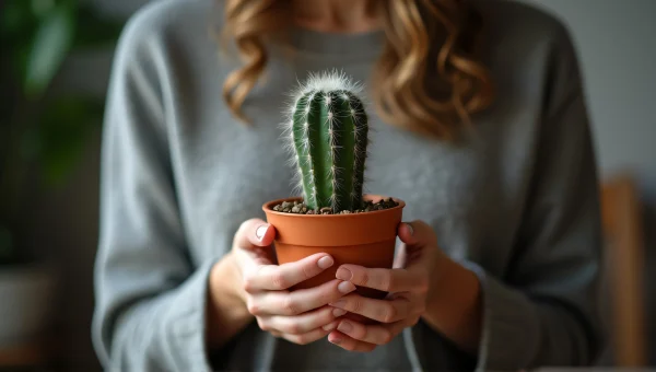 Person Cradling Small Potted Cactus Indoors