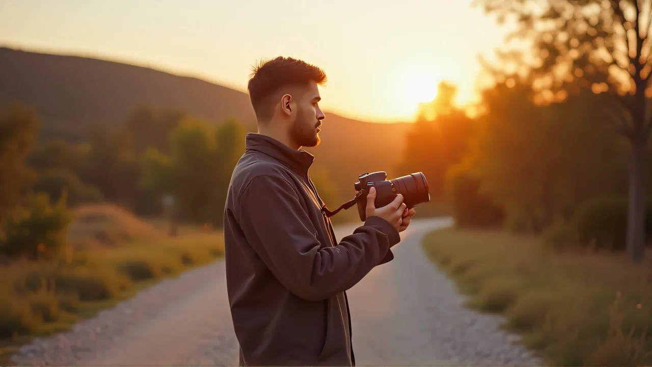 A person holding a DSLR camera stands on a gravel path during golden hour with blurred trees in the background.