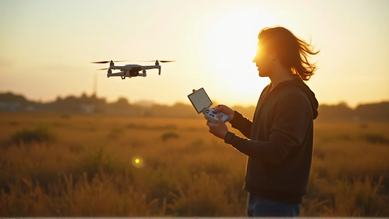 A person with wind-swept hair controls a quadcopter at dusk in a grassy field.