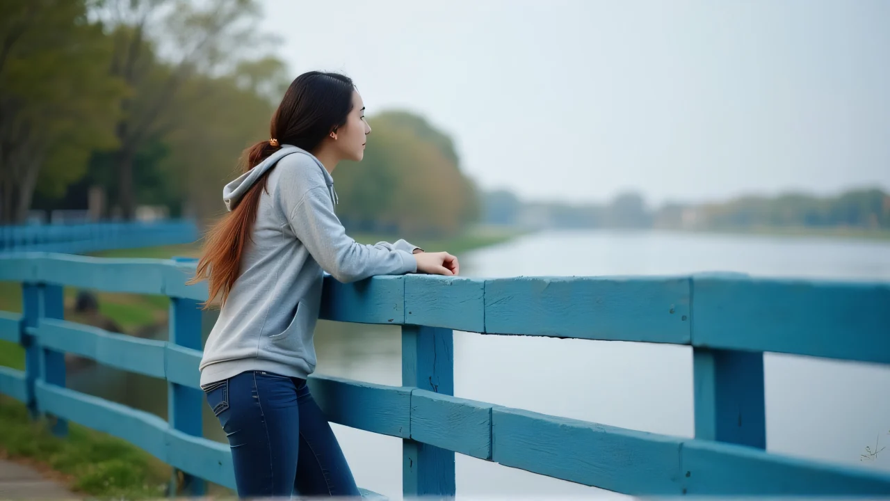 Individual leaning against a blue fence, looking at serene water.