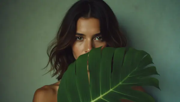 Person Hiding Face Behind Green Leaf In Nature