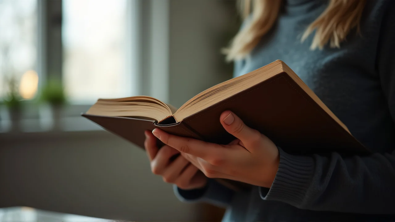 A person holds a textured hardcover book at chest level in soft indoor light.