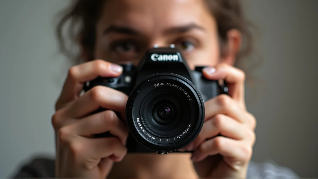 A person holds a black and red DSLR camera with both hands against a neutral backdrop.