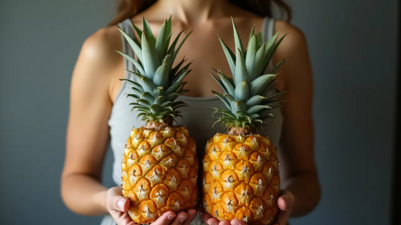A person stands holding two pineapples at chest level, showcasing a healthy lifestyle choice.