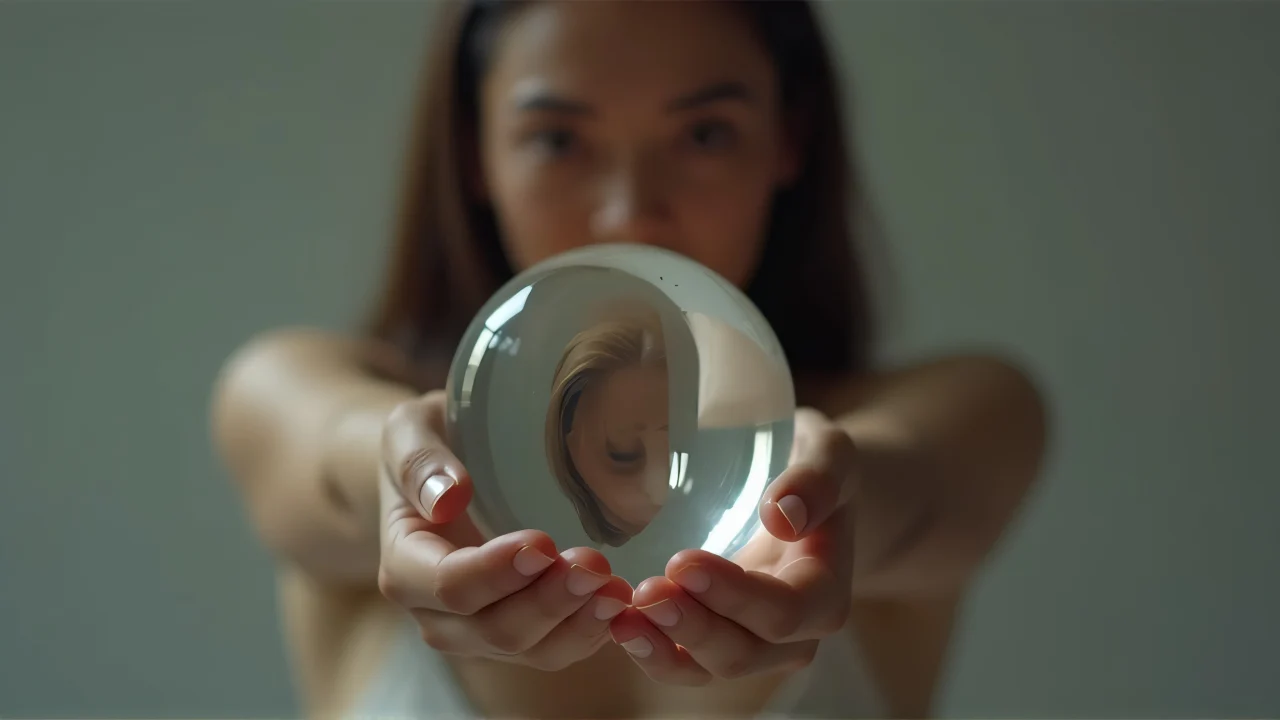 A person holds a glass ball at chest level, showcasing subtle reflections.