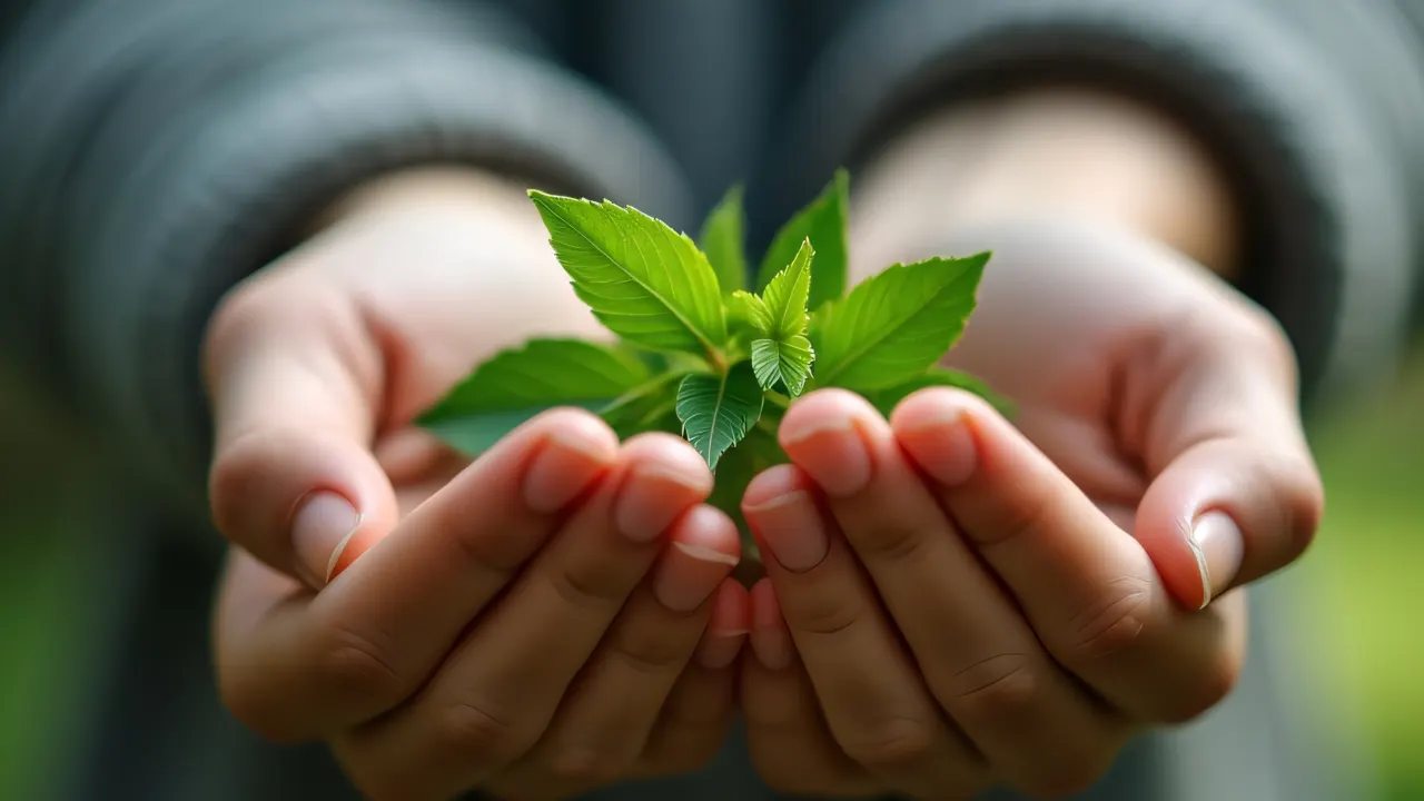Close-up of hands gently holding a cluster of green leaves.