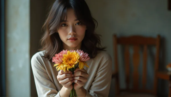 Person Holding Petaled Flowers by Wooden Chair