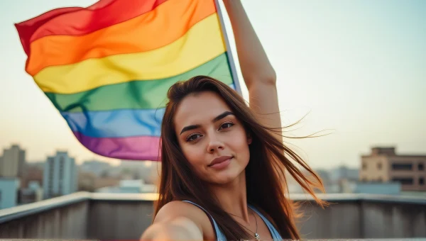 Person Holding Rainbow Flag Urban Rooftop Portrait