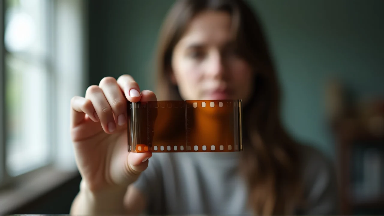 A person holds a rolled brown film strip at chest level with soft backlighting.