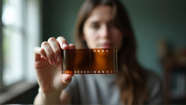 Person Holding Rolled Brown Film Strip Indoors