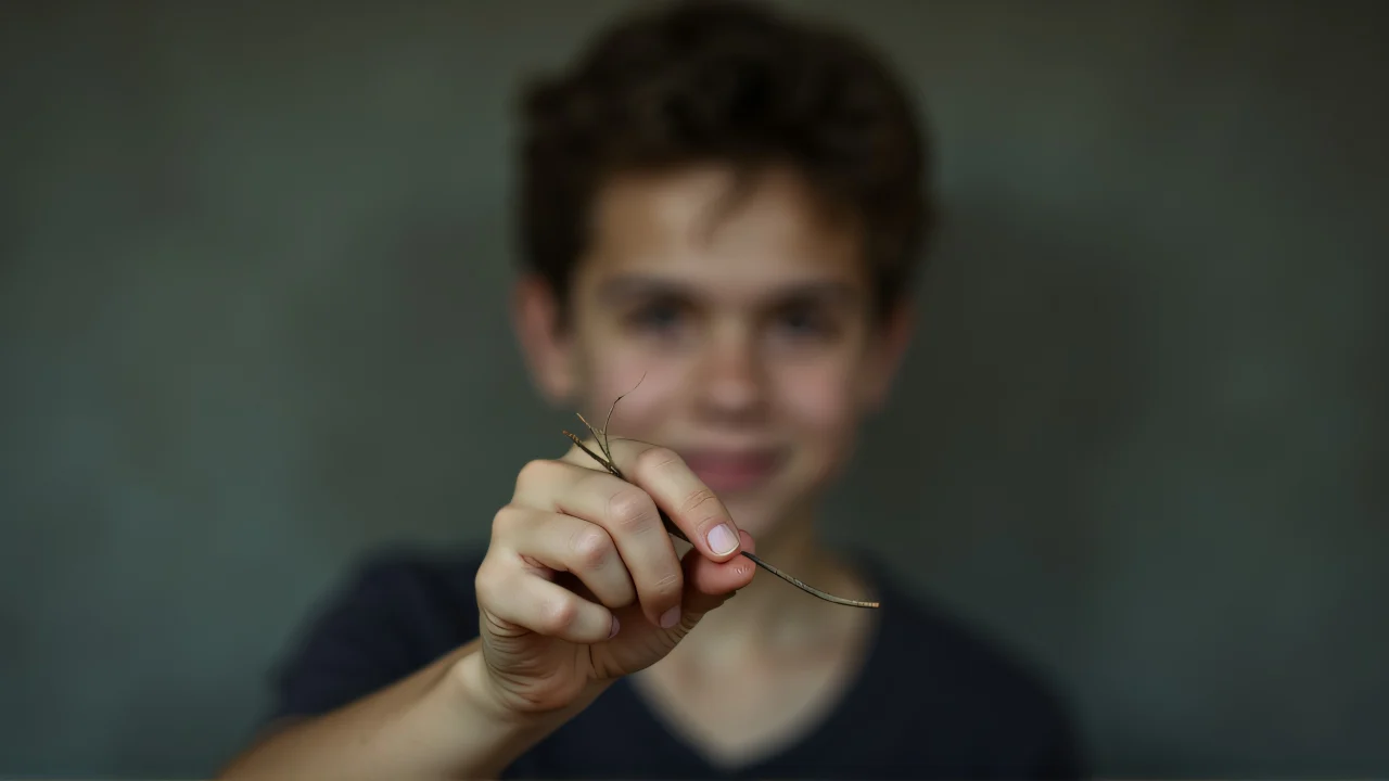 A person delicately holds a twig between fingers against a soft, muted background.