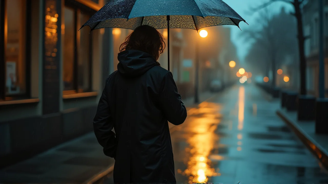 A person stands under a streetlamp with an umbrella on a rainy night, surrounded by reflective puddles.