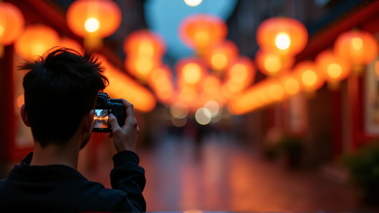 A person captures the beauty of hanging lanterns at dusk with a camera, reflections shimmering on wet cobblestones.