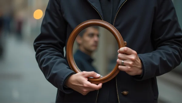 Person with Long Jacket Holding Mirror in Urban Setting