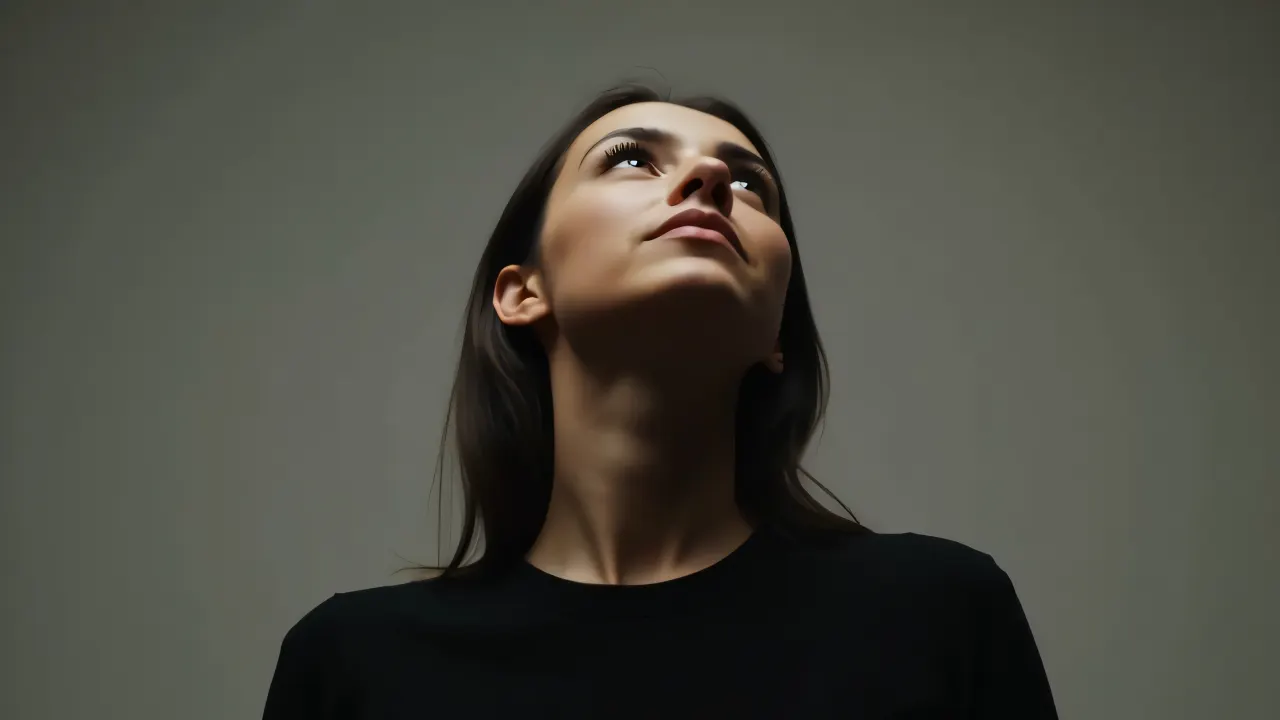 A person in a black crew-neck top looking up in a neutral studio setting.