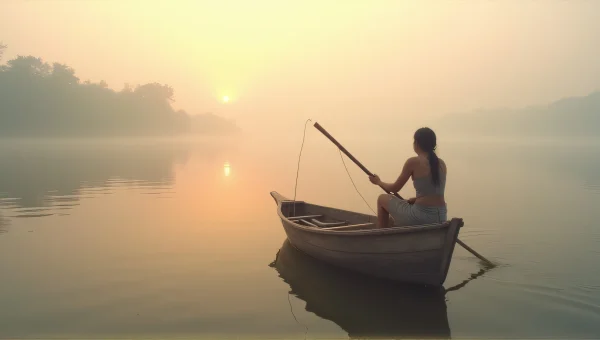 Person Paddling Wooden Boat on Foggy Lake Dawn