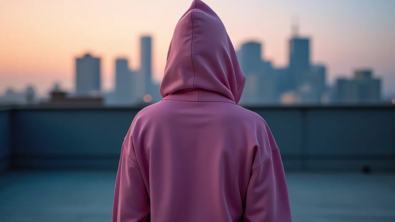 Individual wearing a pink hoodie stands on a rooftop at dusk, overlooking a city skyline.