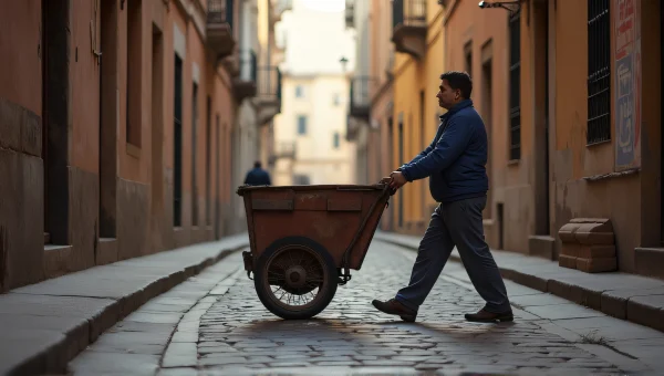 Person Pushing Brown Cart On Cobblestone Street