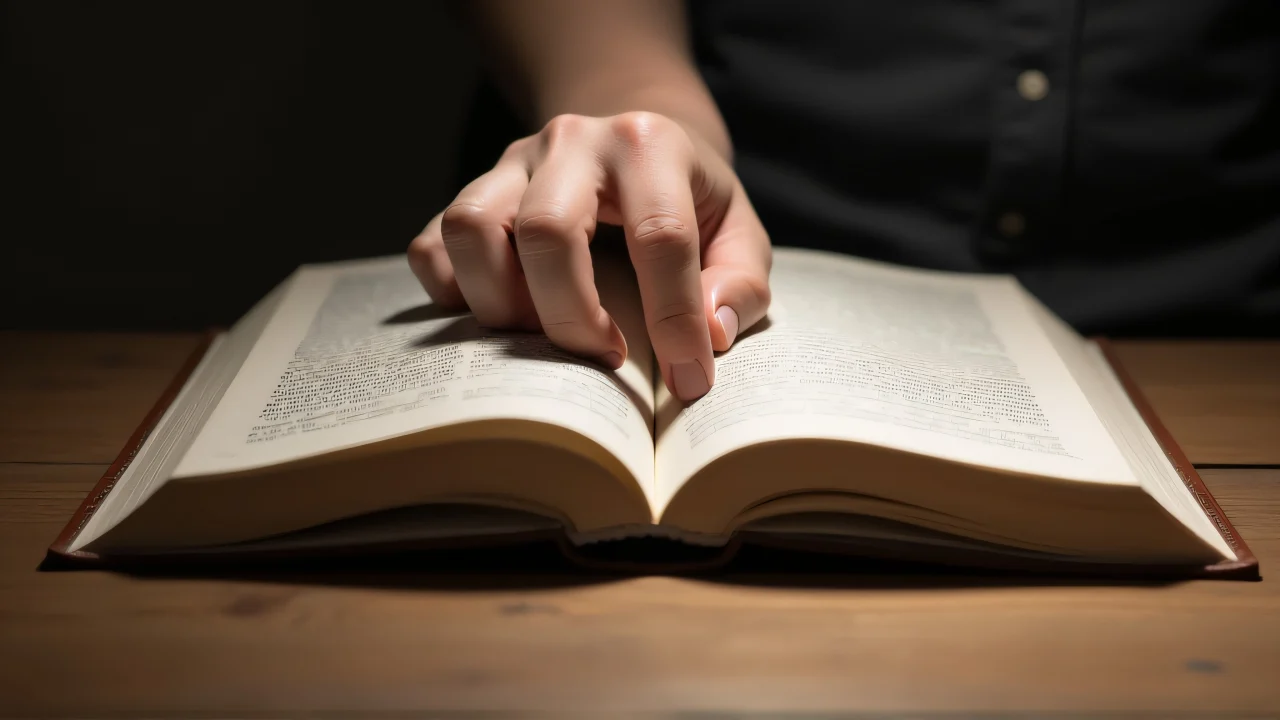 A hand reaching to touch an open book on a wooden table with soft shadows.