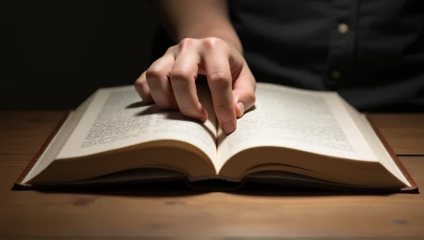 Person Reaching for Open Book on Table