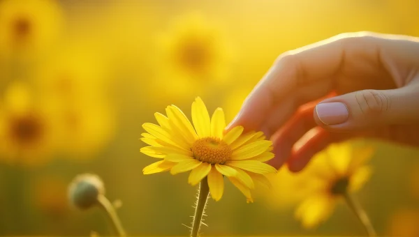 Person's Hand Touching Yellow Flowers Close-Up