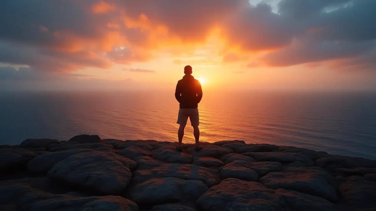 A silhouetted figure stands on a cliff during sunset with the ocean in the background.