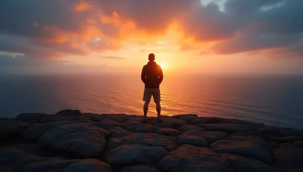 Person Silhouetted on Cliff at Sunset Over Ocean
